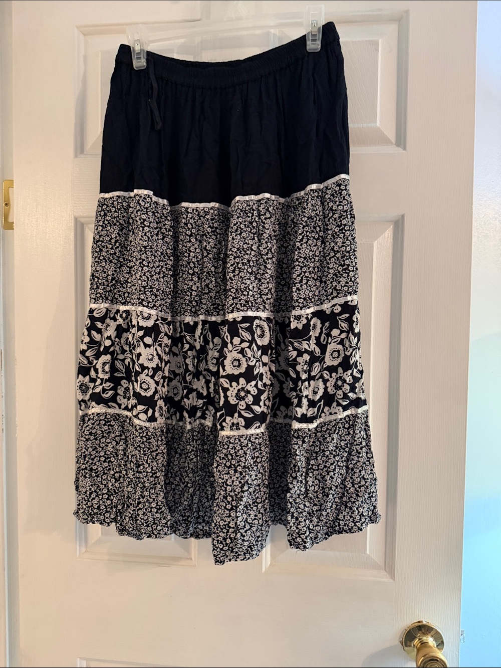 Ecco boho Black and White Tiered Maxi Skirt with Floral Panels